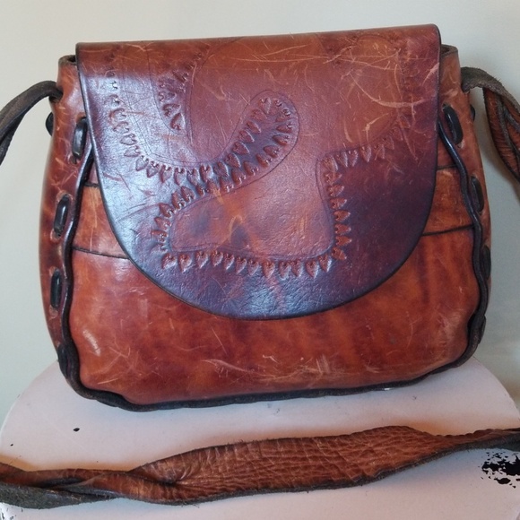 Vintage Handbags - Vintage 1970's Hand Tooled Braided Leather Handbag